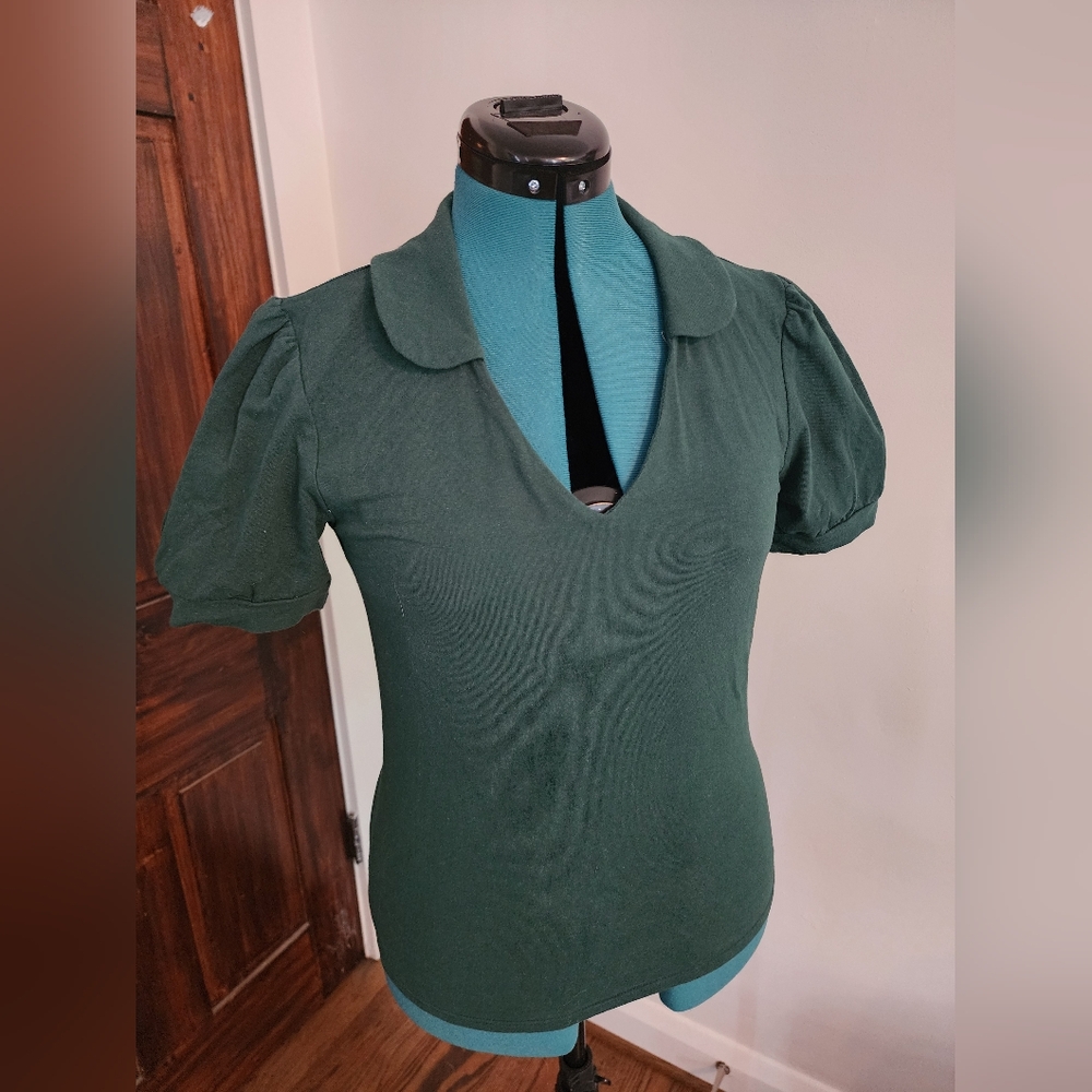 Modcloth Green Puff Sleeve Blouse with Peter Pan Collar